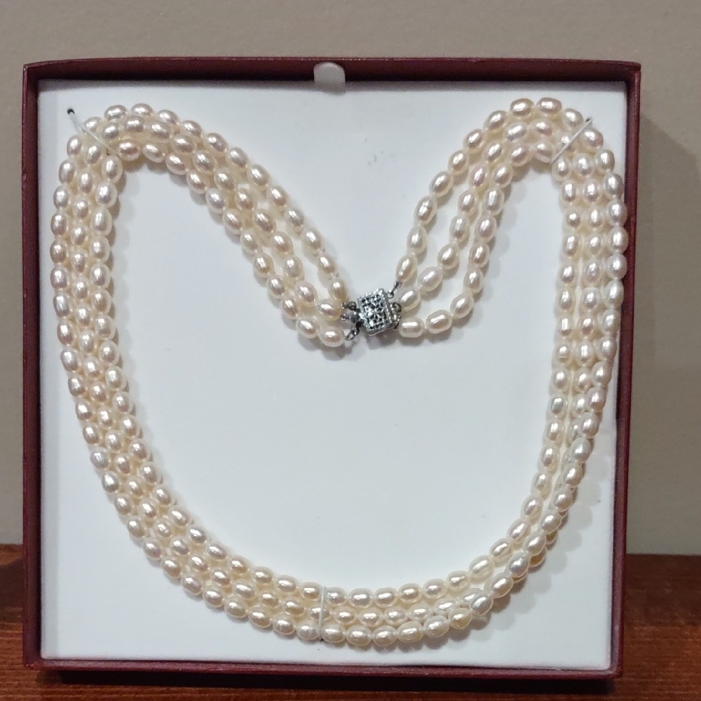 Freshwater Pearl Three Strand Necklace with sterling Silver Clasp, Nib